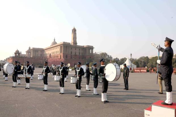 Glimpses of rehearsal of Beating the Retreat Ceremony 2023 parade on Vijay Chowk, New Delhi on Wednesday, 18 Jan 2023.