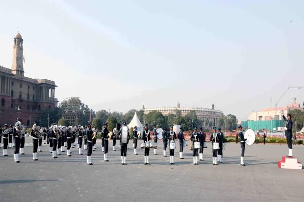 Glimpses of rehearsal of Beating the Retreat Ceremony 2023 parade on Vijay Chowk, New Delhi onWednesday, 18 Jan 2023.