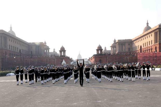 Glimpses of rehearsal of Beating the Retreat Ceremony 2023 parade on Vijay Chowk, New Delhi on Wednesday, 18 Jan 2023.