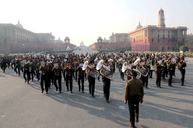 Glimpses of rehearsal of Beating the Retreat Ceremony 2023 parade on Vijay Chowk, New Delhi on Wednesday, 18 Jan 2023.
