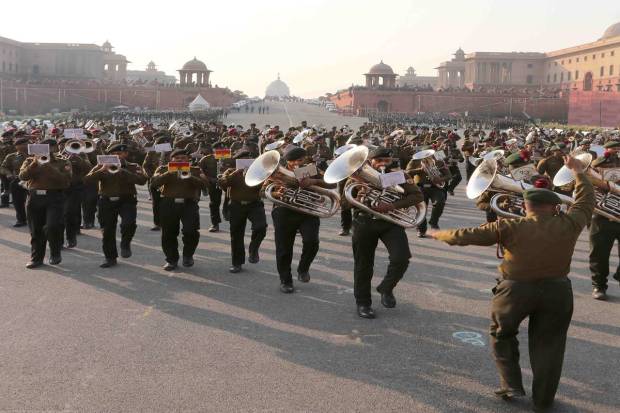 Glimpses of rehearsal of Beating the Retreat Ceremony 2023 parade on Vijay Chowk, New Delhi on Wednesday, 18 Jan 2023.