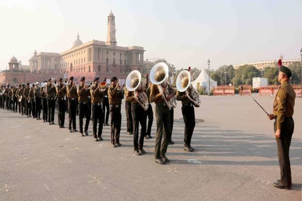 Glimpses of rehearsal of Beating the Retreat Ceremony 2023 parade on Vijay Chowk, New Delhi on Wednesday, 18 Jan 2023.