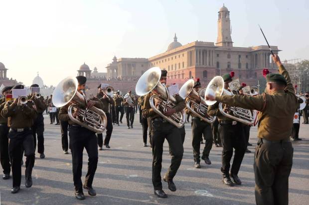 Glimpses of rehearsal of Beating the Retreat Ceremony 2023 parade on Vijay Chowk, New Delhi on Wednesday, 18 Jan 2023.