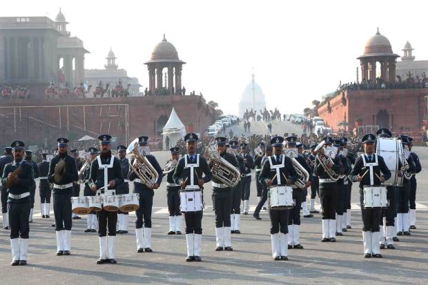 Glimpses of rehearsal of Beating the Retreat Ceremony 2023 parade on Vijay Chowk, New Delhi on Wednesday, 18 Jan 2023.