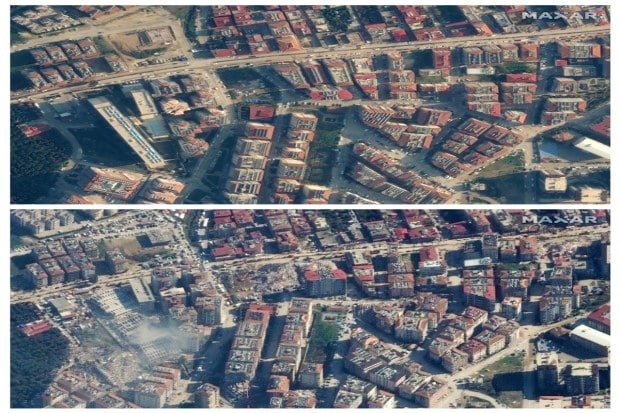 This combination of Dec. 22, 2022 and Feb. 8, 2023 satellite images shows buildings in Antakya, Turkey, before and after a powerful earthquake struck the region on Monday (AP Photo)