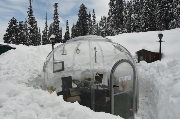 Fiber Glass Igloo restaurant seen in the middle of the snow-covered mountains as the area witnesses heavy snowfall in Baramulla. (ANI Image) 