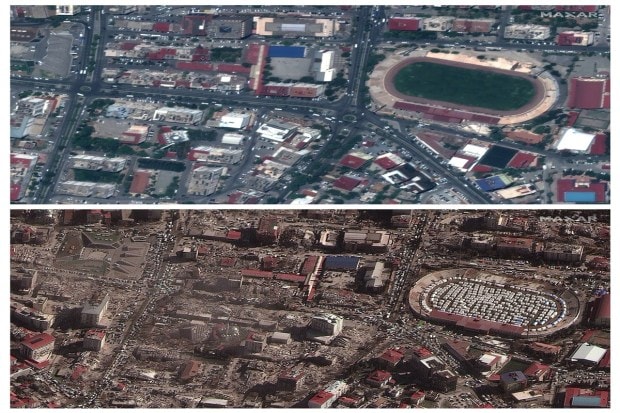 This combination of July 26, 2022 and February 8, 2023 satellite images shows buildings and a stadium in downtown Kahramanmaras, Turkey before and after a powerful earthquake struck the region on February 06, 2023. (AP Photo)
