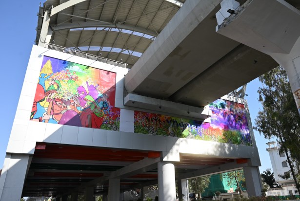 Colours and culture - Agra metro elevated station depicting braj holi