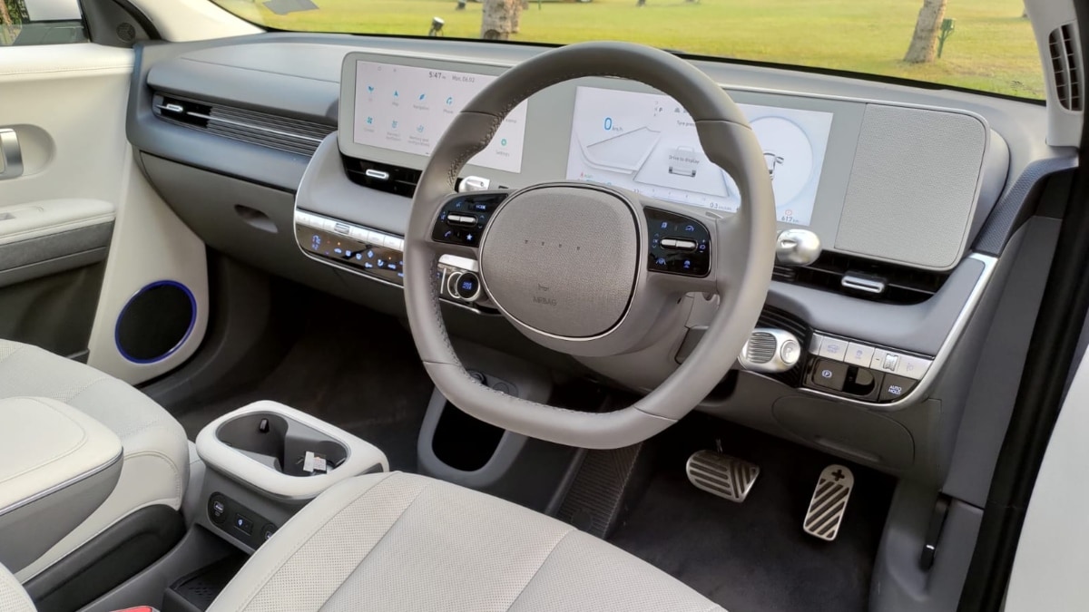 In terms of features, the Ioniq 5 is loaded up to the brim. It gets two massive 12.3-inch screens (one for the infotainment system and the other for a digital cluster), a head-up display, ADAS (advance driver assistance systems), and many more.