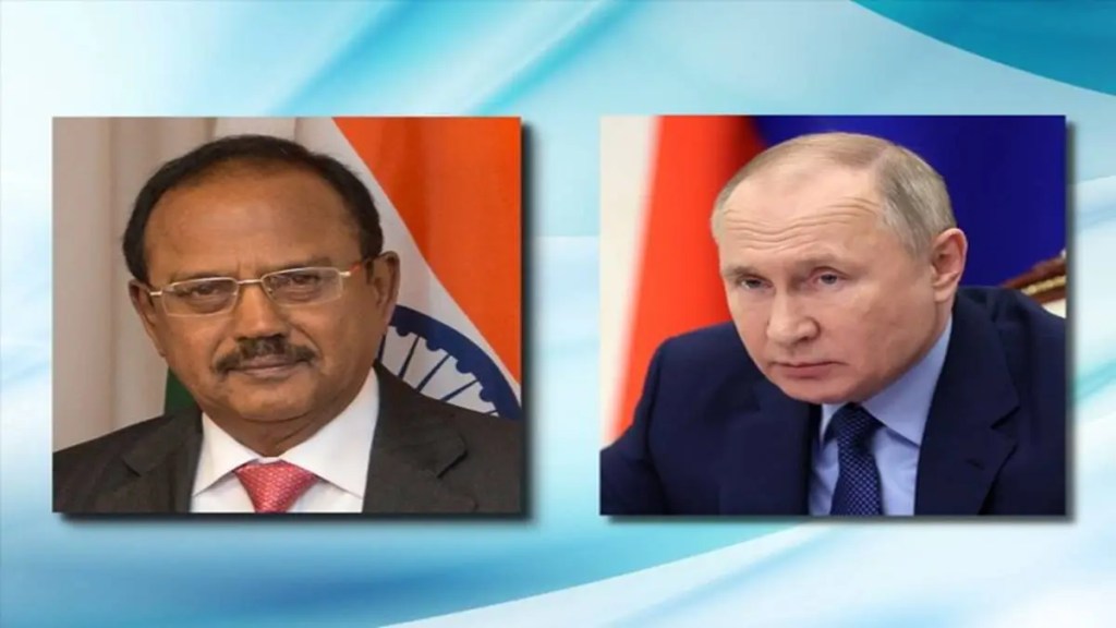 India NSA Ajit Doval and Russian President Vladimir Putin (Photo source: Twitter/@MEAIndia) India NSA Ajit Doval and Russian President Vladimir Putin (Photo source: Twitter/@MEAIndia)