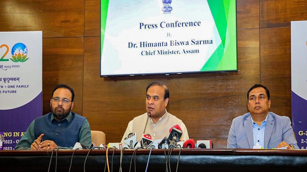 Assam Chief Minister Himanta Biswa Sarma addresses a press conference after a State Cabinet meeting regarding child marriage, at Janata Bhawan in Guwahati, Monday, Jan. 23, 2023. (PTI Photo)