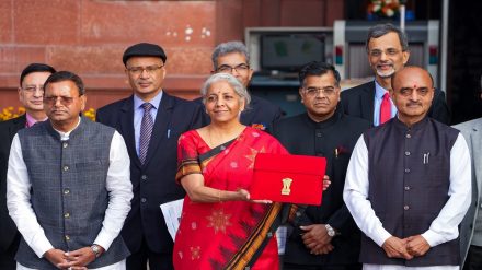 Union Finance Minister Nirmala Sitharaman with Ministers of State Bhagwat Kishanrao Karad and Pankaj Chaudhary and officials poses for photographs outside the Finance Ministry at North Block, in New Delhi, Wednesday, Feb. 1, 2023, ahead of the presentation of the Union Budget 2023-24. Sitharaman will be presenting her fifth Union Budget in Parliament. (PTI Photo)
