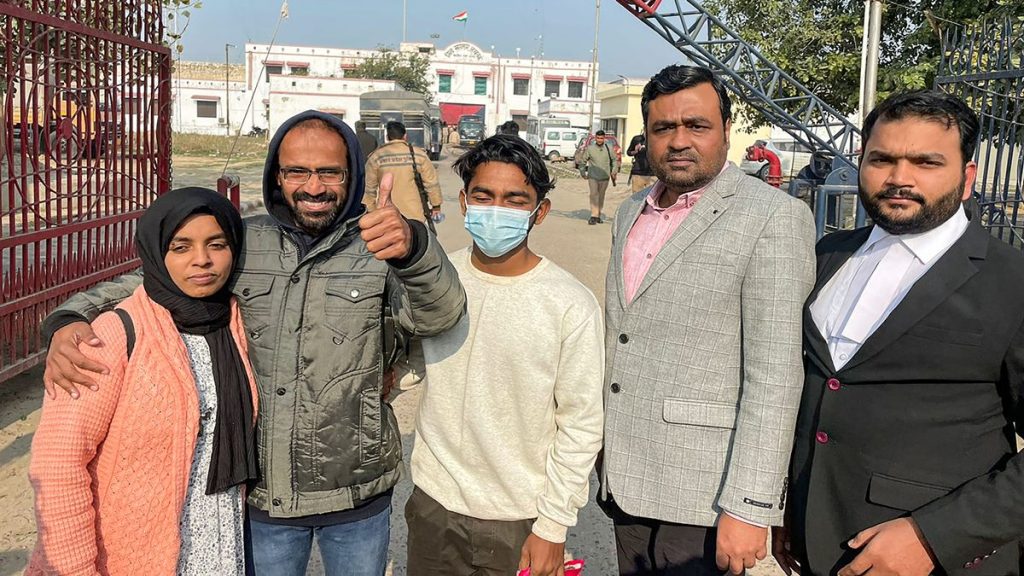 Journalist Siddique Kappan with his wife Raihana, son Muzammil and lawyer Mohamed Dhanish KS after he was released from the Lucknow District Jail, in Lucknow, Thursday, Feb 2, 2023. (PTI Photo) 
