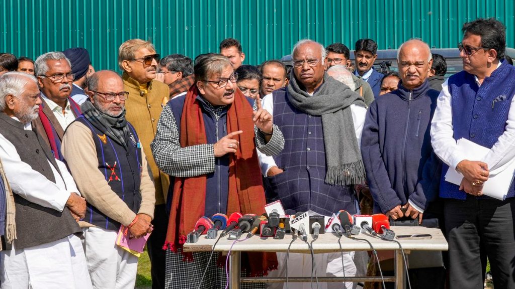 Leader of Opposition Mallikarjun Kharge with other opposition parties MPs addresses the media at Vijay Chowk during the Budget Session of Parliament, in New Delhi, Thursday, Feb. 2, 2023. (PTI Photo)

