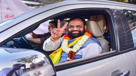 MVA's candidate Sudhakar Adbale flashes the victory sign after winning from Nagpur teachers' seat in the Maharashtra Legislative Council elections, in Nagpur, Thursday, Feb. 2, 2023. (PTI Photo)