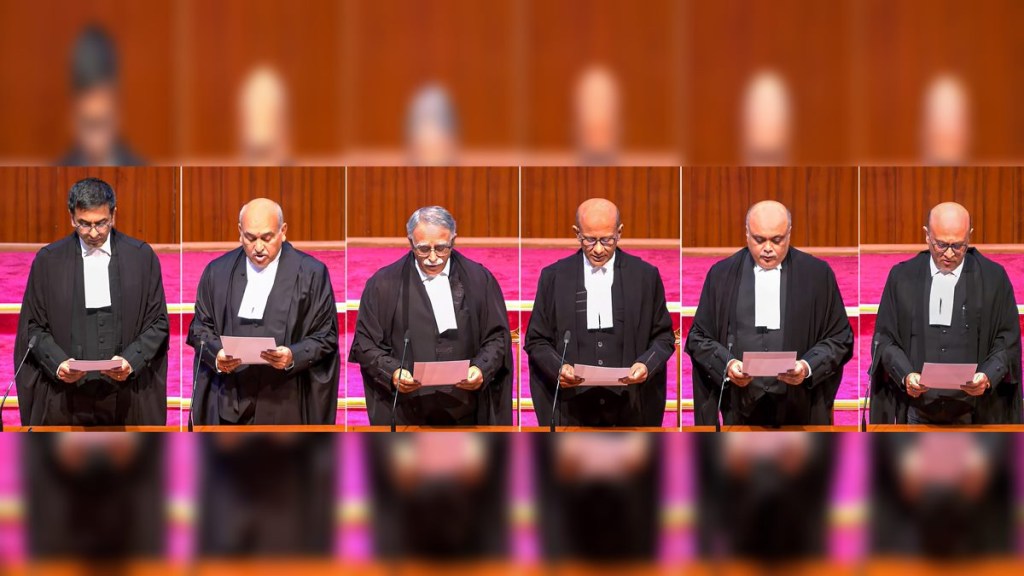 In this combo photo Justice Pankaj Mithal, Justice Sanjay Karol, Justice P.V. Sanjay Kumar, Justice Ahsanuddin Amanullah and Justice Manoj Misra being sworn in as Supreme Court judges by Chief Justice of India Justice D.Y. Chandrachud, in New Delhi, Monday, Feb. 6, 2023. (PTI Photo) In this combo photo Justice Pankaj Mithal, Justice Sanjay Karol, Justice P.V. Sanjay Kumar, Justice Ahsanuddin Amanullah and Justice Manoj Misra being sworn in as Supreme Court judges by Chief Justice of India Justice D.Y. Chandrachud, in New Delhi, Monday, Feb. 6, 2023. (PTI Photo)