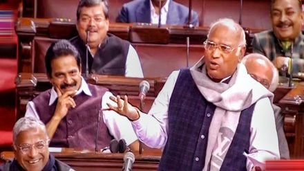 Congress MP Mallikarjun Kharge speaks in the Rajya Sabha during Budget Session of Parliament, in New Delhi, Wednesday, Feb. 8, 2023. (PTI Photo)