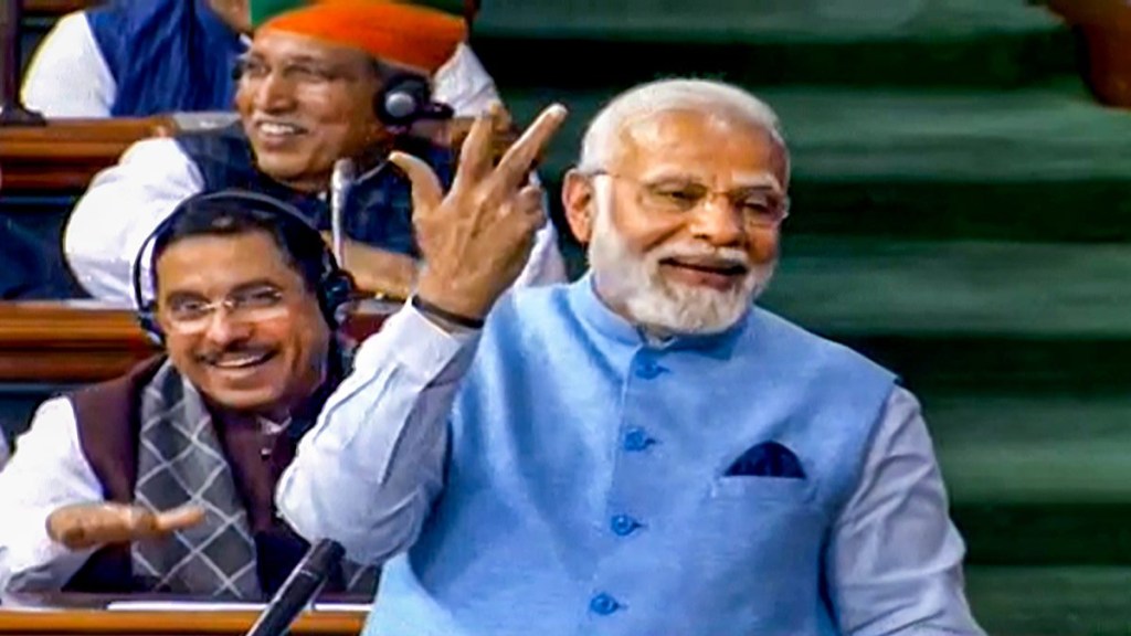 Prime Minister Narendra Modi replies to the Motion of Thanks on the President's address in the Lok Sabha during Budget Session of Parliament, in New Delhi, Wednesday, Feb. 8, 2023. (PTI Photo)
Prime Minister Narendra Modi replies to the Motion of Thanks on the President's address in the Lok Sabha during Budget Session of Parliament, in New Delhi, Wednesday, Feb. 8, 2023. (PTI Photo)