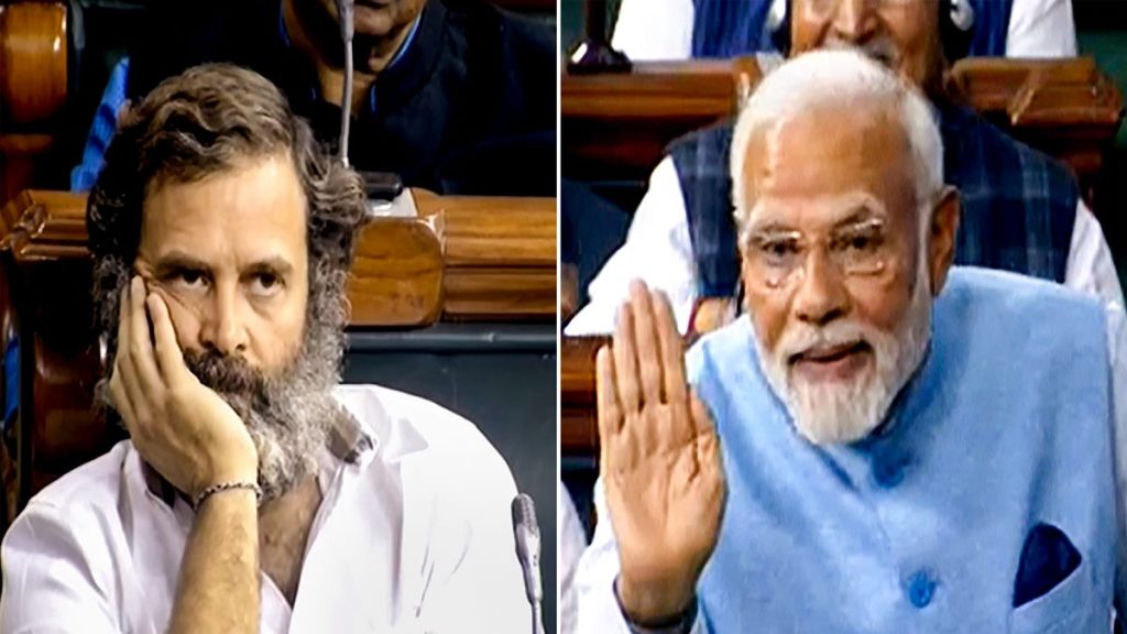 Prime Minister Narendra Modi replies to the Motion of Thanks on the President's Address as Congress MP Rahul Gandhi listens to him in the Lok Sabha during Budget Session of Parliament, in New Delhi, Wednesday, Feb. 8, 2023. (PTI Photo) Prime Minister Narendra Modi replies to the Motion of Thanks on the President's Address as Congress MP Rahul Gandhi listens to him in the Lok Sabha during Budget Session of Parliament, in New Delhi, Wednesday, Feb. 8, 2023. (PTI Photo)