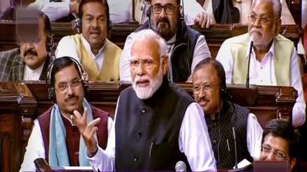 Prime Minister Narendra Modi replies to the Motion of Thanks on the President's address in the Rajya Sabha during Budget Session of Parliament, in New Delhi, Thursday, Feb. 9, 2023. (PTI Photo)
