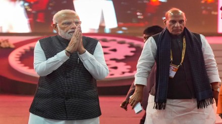 Prime Minister Narendra Modi and Defence Minister Rajnath Singh during the inauguration of Uttar Pradesh Global Investors Summit 2023, in Lucknow, Friday, Feb. 10, 2023. (PTI Photo/Nand Kumar)