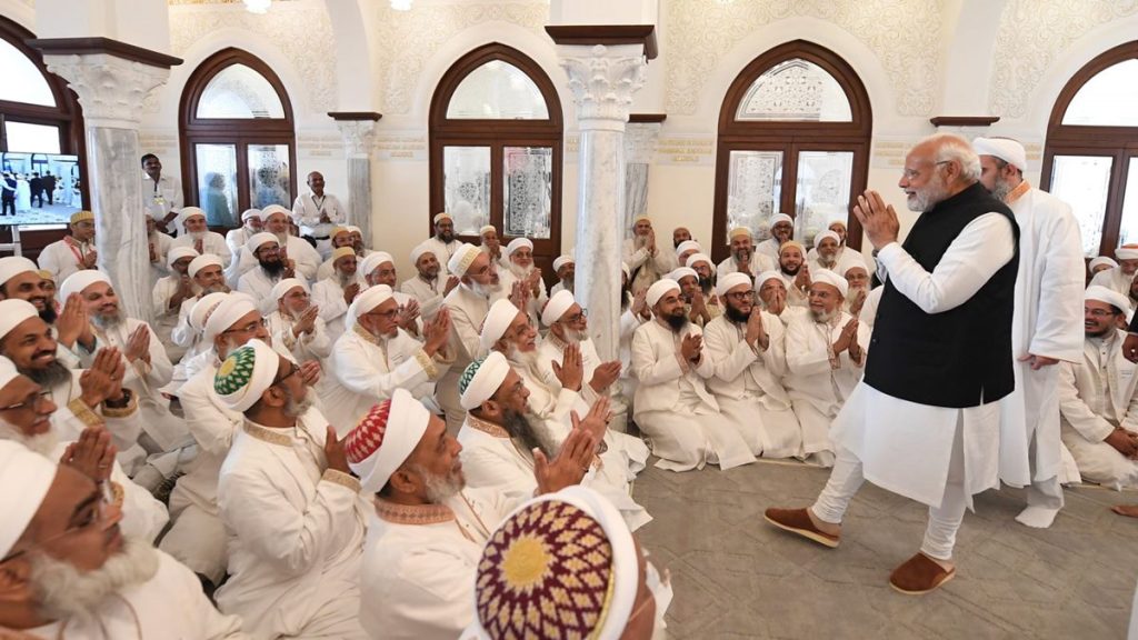Prime Minister Narendra Modi interacts with people from the Dawoodi Bohra community during the inauguration of the new campus of Aljamea-tus-Saifiyah at Marol in Mumbai, Friday, Feb. 10, 2023. (PTI Photo)