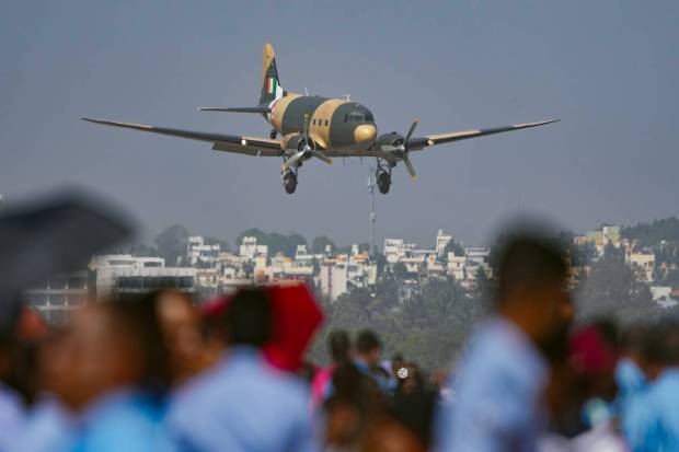 Bengaluru: Indian Air Force's vintage aircraft Douglas DC-3 Dakota on a sortie during the full dress rehearsal of Aero India 2023, at Yelahanka air base in Bengaluru. (PTI Photo)