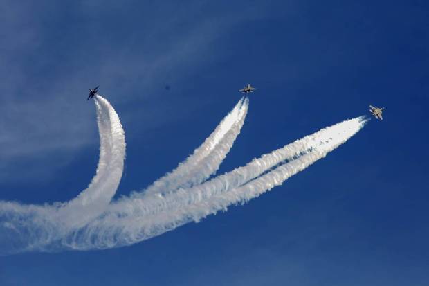 Bengaluru: Indian Air Force's Su-30 aircrafts fly past during the full dress rehearsal of Aero India 2023, at Yelahanka air base in Bengaluru. (PTI Photo)