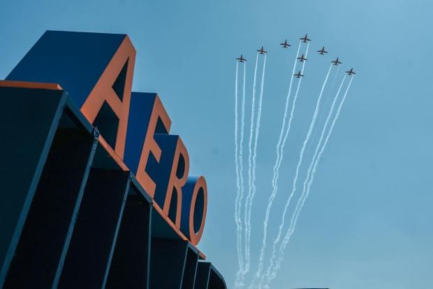 Bengaluru: Suryakiran aerobatic team of the Indian Air Force (IAF) performs during the second day of Aero India 2023, at Yelahanka Air base in Bengaluru, Tuesday, Feb. 14, 2023. (PTI Photo/Shailendra Bhojak)(PTI02_14_2023_000089A)
