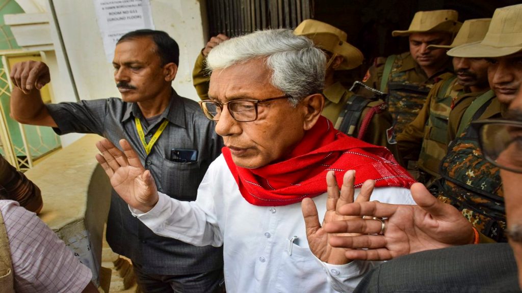 CPI(M) leader Manik Sarkar arrives to cast his vote at a polling booth during the Tripura Assembly elections, in Agartala, Thursday, Feb. 16, 2023. (PTI Photo)

