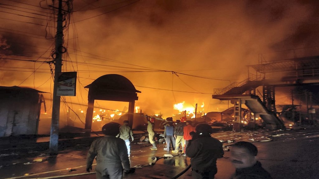 Firefighters try to douse a fire that broke out at a market in Jorhat district, Thursday night, Feb. 16, 2023. (PTI Photo)
Firefighters try to douse a fire that broke out at a market in Jorhat district, Thursday night, Feb. 16, 2023. (PTI Photo)