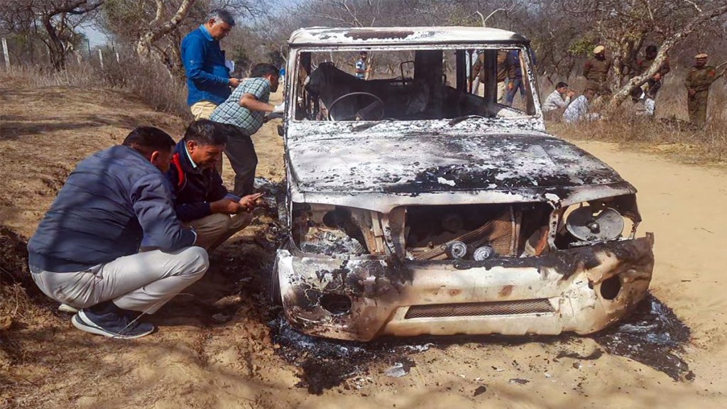 Charred remains of a vehicle where bodies of two Muslim men were found, at Loharu in Bhiwani district, Haryana. (PTI Photo/File)
Charred remains of a vehicle where bodies of two Muslim men were found, at Loharu in Bhiwani district, Haryana. (PTI Photo/File)