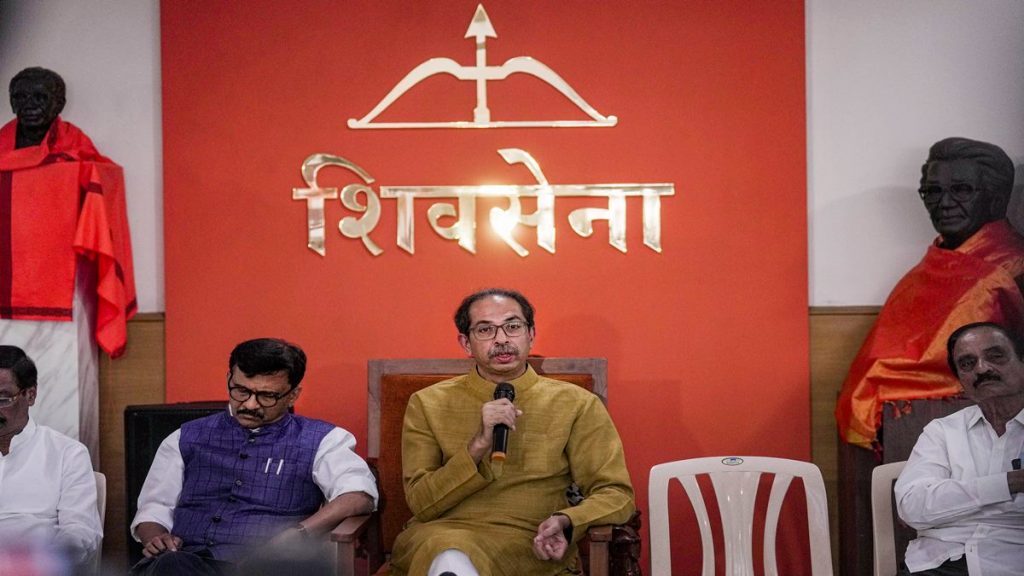 Former Maharashtra chief minister Uddhav Thackeray with Rajya Sabha MP Sanjay Raut addresses a press conference at Shiv Sena Bhavan in Mumbai, Monday, Feb. 20, 2023. (PTI Photo)
Former Maharashtra chief minister Uddhav Thackeray with Rajya Sabha MP Sanjay Raut addresses a press conference at Shiv Sena Bhavan in Mumbai, Monday, Feb. 20, 2023. (PTI Photo)