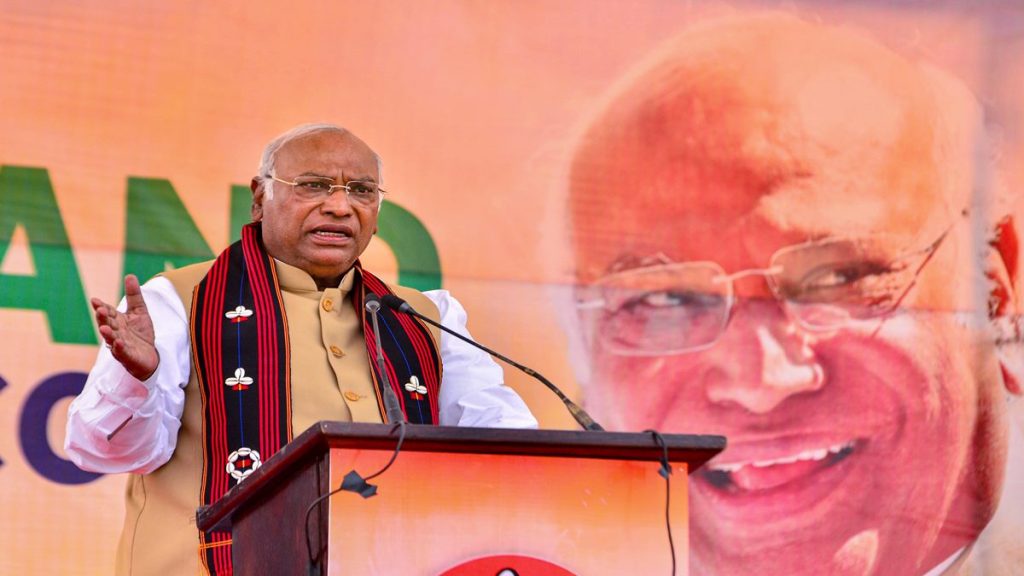 Congress President Mallikarjun Kharge addresses an election rally ahead of Nagaland Assembly election, at Diphupar Village, Chumukedima, Tuesday, Feb. 21, 2023. (PTI Photo)