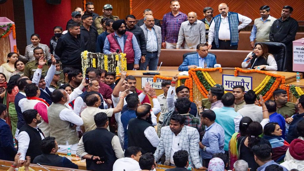 Mayor Shelly Oberoi following a ruckus inside MCD house over the election of member of the standing committee, at the Civic Centre in New Delhi, Thursday, Feb. 23, 2023. (PTI Photo)
