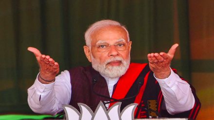 Prime Minister Narendra Modi addresses a public rally ahead of the Nagaland Assembly election in Chumukedima, Nagaland, Friday, Feb. 24, 2023. (PTI Photo)
