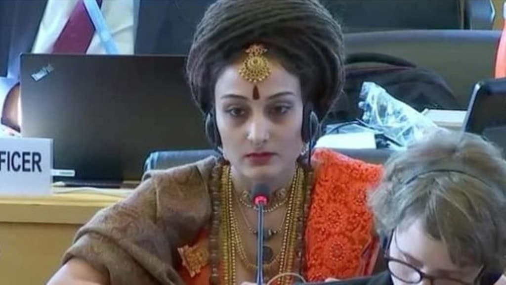 Vijayapriya Nithyananda claims to be the "Permanent Ambassador to the UN from the United States of Kailasa". (Photo: Twitter/@SriNithyananda) Vijayapriya Nithyananda claims to be the "Permanent Ambassador to the UN from the United States of Kailasa". (Photo: Twitter/@SriNithyananda)