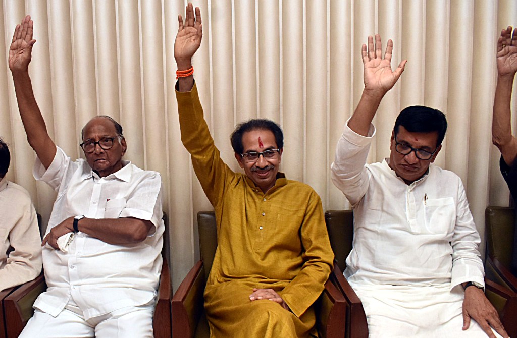 Shivsena chief Uddhav Thackeray with NCP leader Sharad Pawar and Congress Balasaheb Thorat on Tuesday during a meeting. (Express archive photo).