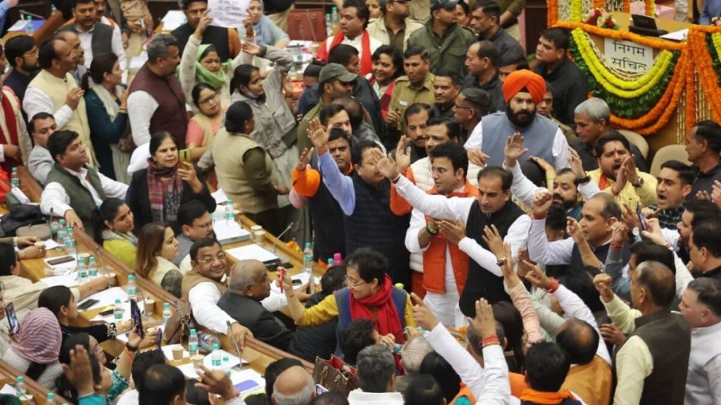 Presiding Officer Satya Sharma said that aldermen will be allowed to vote in the elections, according to the Delhi Municipal Corporation Act, 1957, which drew protests from AAP councillors. Presiding Officer Satya Sharma said that aldermen will be allowed to vote in the elections, according to the Delhi Municipal Corporation Act, 1957, which drew protests from AAP councillors.