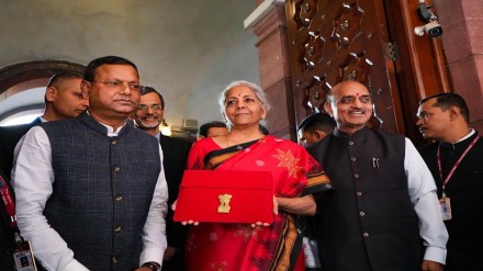 New Delhi: Union Finance Minister Nirmala Sitharaman with Ministers of State Bhagwat Kishanrao Karad and Pankaj Chaudhary and officials poses for photographs on her arrival at Parliament for the presentation of the Union Budget 2023-24, in New Delhi, Wednesday, Feb. 1, 2023. Sitharaman will be presenting her fifth Union Budget. (PTI Photo/Kamal Kishore) (PTI02_01_2023_000027B)