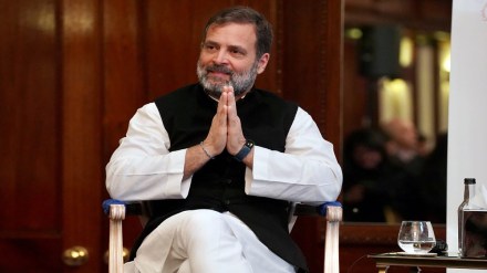 Congress leader Rahul Gandhi greets during a conversation with the Indian Journalists' Association (IJA), in London on Sunday. (ANI Photo)