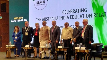 Australian Prime Minister Anthony Albanese (fifth from right), with Gujarat CM Bhupendra Rajnikant Patel (third from left) and other dignitaries announcing the opening of the Deakin International Branch Campus, in Ahmedabad on Wednesday evening
