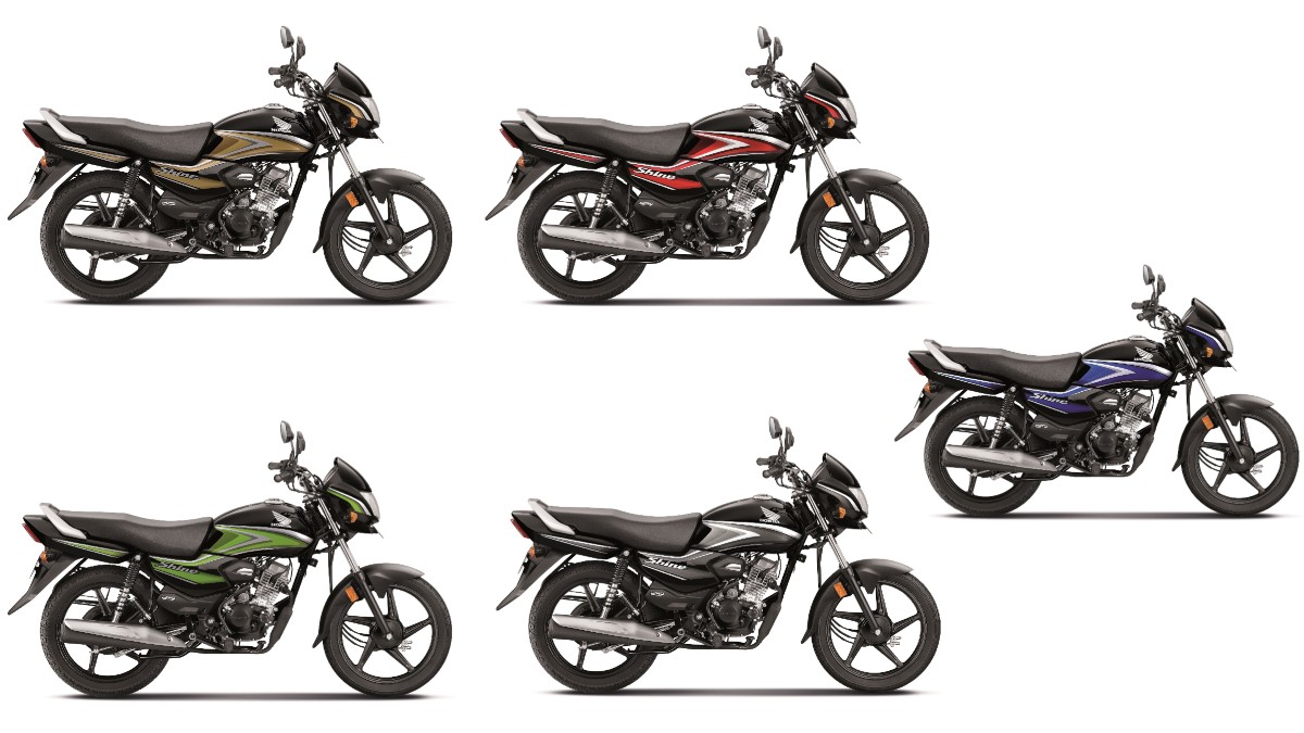 Honda is offering the Shine 100 in a total of five colour variants. This 100cc commuter motorcycle is available in a Black paint scheme with Red, Blue, Green, Gold and Grey stripes that give it a dual-tone appeal.