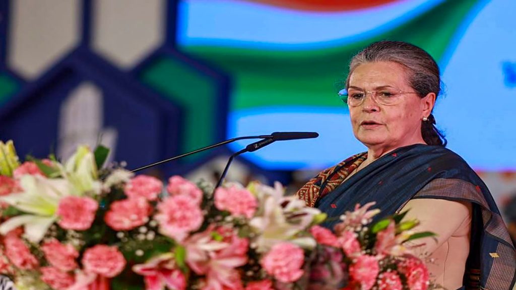 Sonia Gandhi speaks during the 85th Plenary Session of the Indian National Congress, in Raipur, Saturday, Feb. 25, 2023. (PTI Photo)
