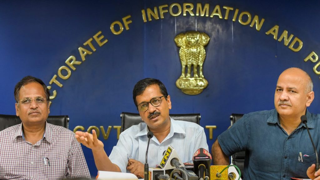 Delhi Chief Minister Arvind Kejriwal, Deputy Chief Minister Manish Sisodia and Health Minister Satyendar Jain at a press conference, in New Delhi. Sisodia and Jain on Tuesday, Feb. 28, 2023, resigned from the Cabinet, amid corruption allegations against them. (PTI Photo/File)
