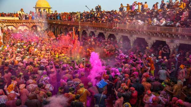 Nandgaon: People play with colours ahead of the traditional 'Lathmar Holi', in Nandgaon, Wednesday, March 1, 2023. (PTI Photo)