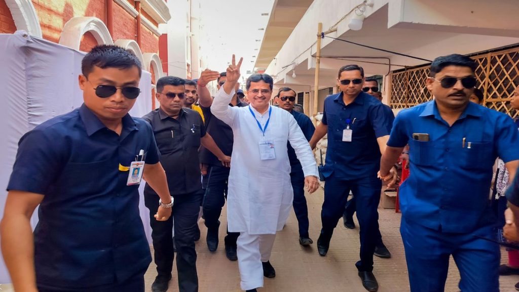 Tripura Chief Minister Manik Saha flashes the victory sign after winning in the Tripura Assembly elections from the Town Bardowali constituency, in West Tripura district, Thursday, March 2, 2023. (PTI Photo) Tripura Chief Minister Manik Saha flashes the victory sign after winning in the Tripura Assembly elections from the Town Bardowali constituency, in West Tripura district, Thursday, March 2, 2023. (PTI Photo)