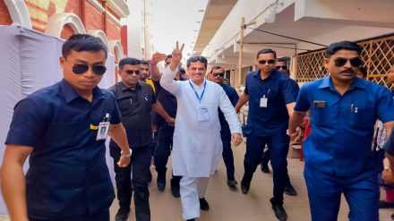 Tripura Chief Minister Manik Saha flashes the victory sign after winning in the Tripura Assembly elections from the Town Bardowali constituency, in West Tripura district, Thursday, March 2, 2023. (PTI Photo)