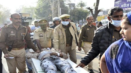 Vijay alias Usman, an accused in the Umesh Pal murder case, being brought to a hospital after being shot in an encounter by police personnel, in Prayagraj district, Monday, March 6, 2023. Vijay was rushed to the hospital where doctors declared him dead, according to officials. (PTI Photo) Vijay alias Usman, an accused in the Umesh Pal murder case, being brought to a hospital after being shot in an encounter by police personnel, in Prayagraj district, Monday, March 6, 2023. Vijay was rushed to the hospital where doctors declared him dead, according to officials. (PTI Photo)