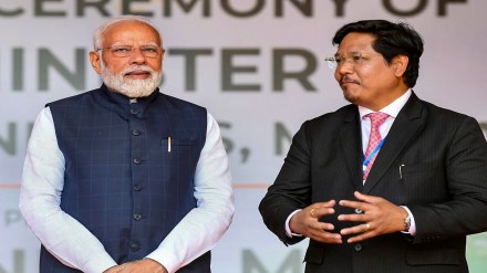 Prime Minister Narendra Modi with Meghalaya Chief Minister Conrad Sangma, during the latter's swearing-in ceremony in Shillong, Tuesday, March 7, 2023. (PTI Photo) Prime Minister Narendra Modi with Meghalaya Chief Minister Conrad Sangma, during the latter's swearing-in ceremony in Shillong, Tuesday, March 7, 2023. (PTI Photo)